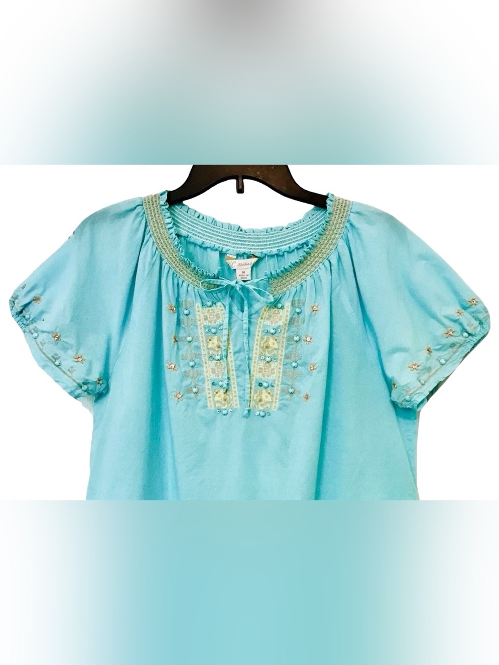KC Khakis & Co. Womens M Mint Peasant Embroidered Beaded Short Sleeve Boho Top - Picture 2 of 10